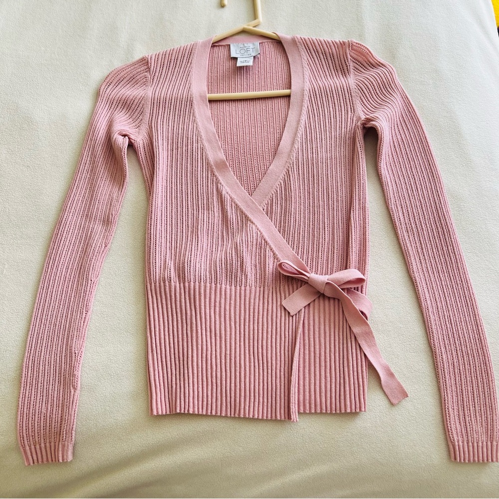 LOFT Pink Blouse with Ribbed Knit and V-Neckline